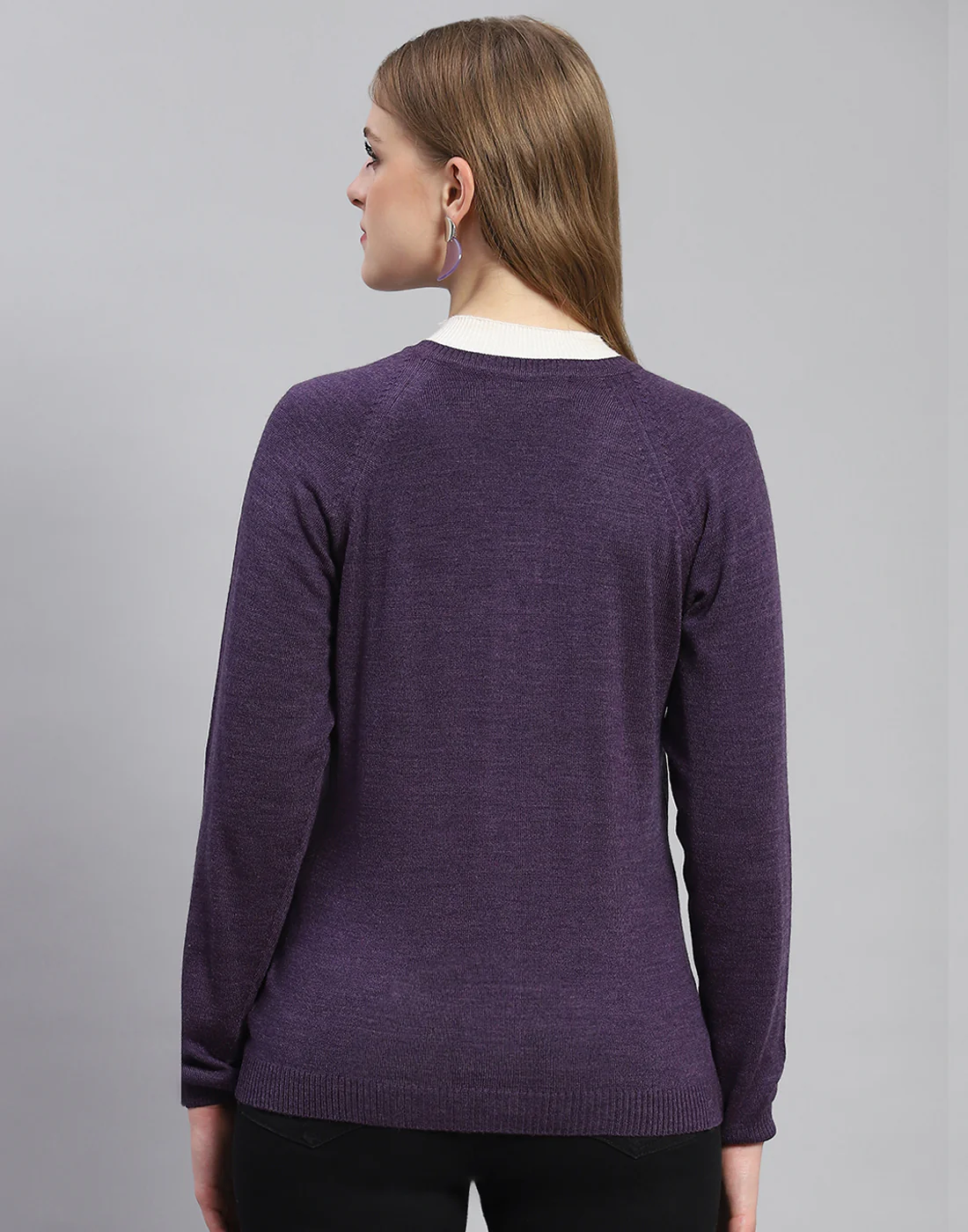 Women Purple Solid Round Neck Full Sleeve Cardigan - Image 5
