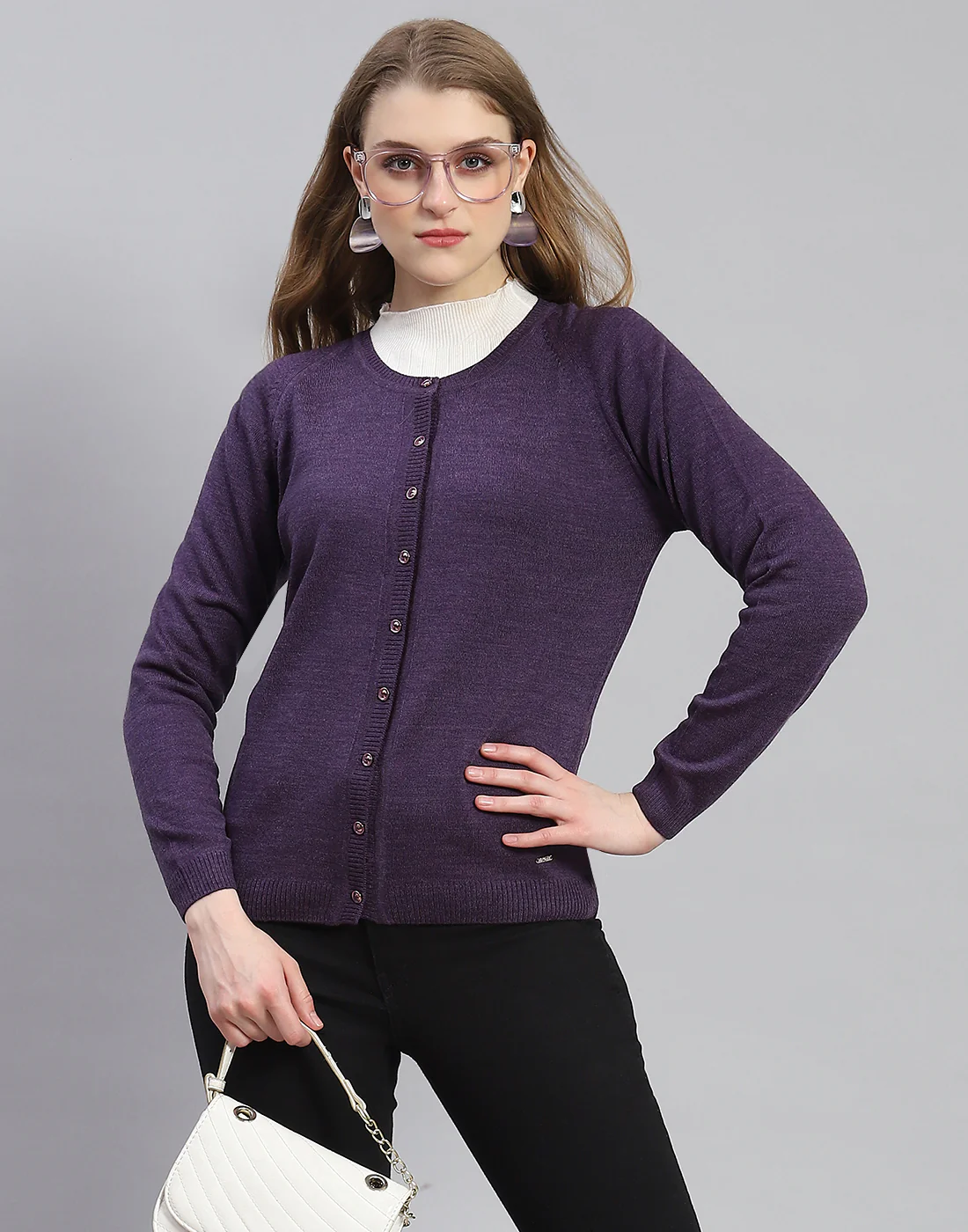 Women Purple Solid Round Neck Full Sleeve Cardigan - Image 6