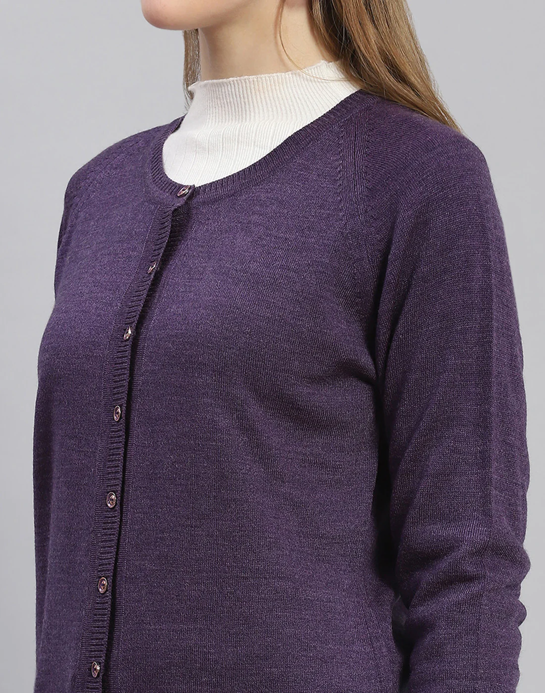 Women Purple Solid Round Neck Full Sleeve Cardigan - Image 7