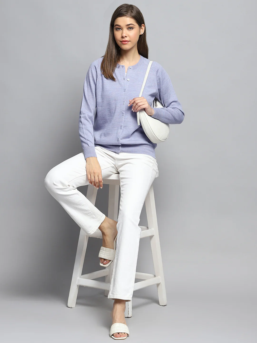 Women Purple Solid Round Neck Full Sleeve Cardigan - Image 2