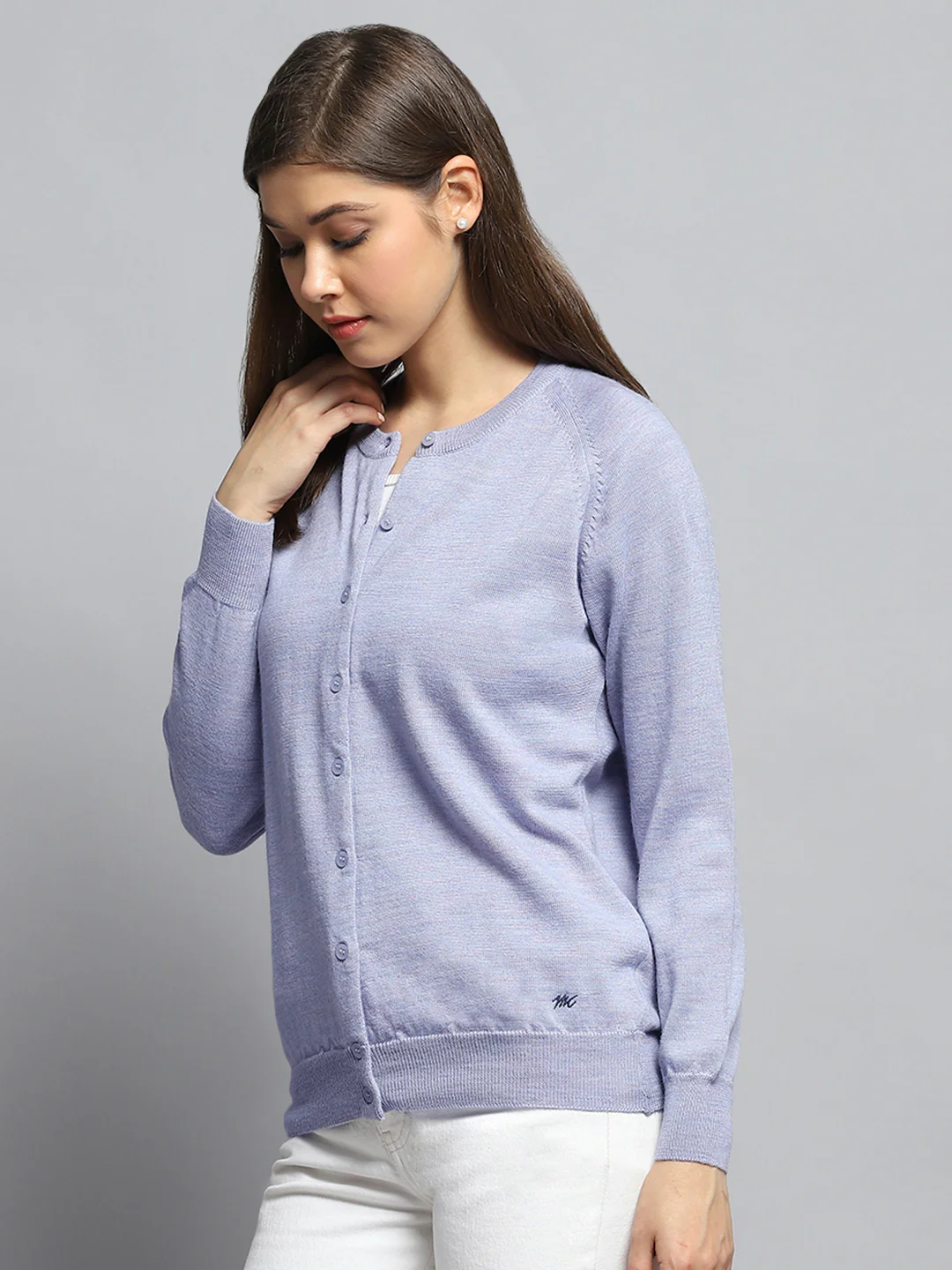 Women Purple Solid Round Neck Full Sleeve Cardigan - Image 3