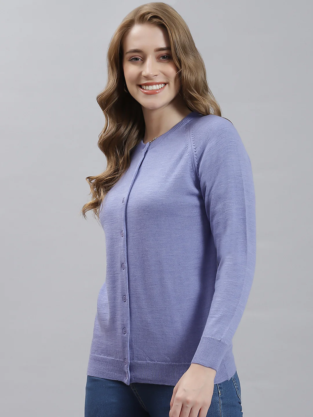 Women Purple Solid Round Neck Full Sleeve Cardigan - Image 3