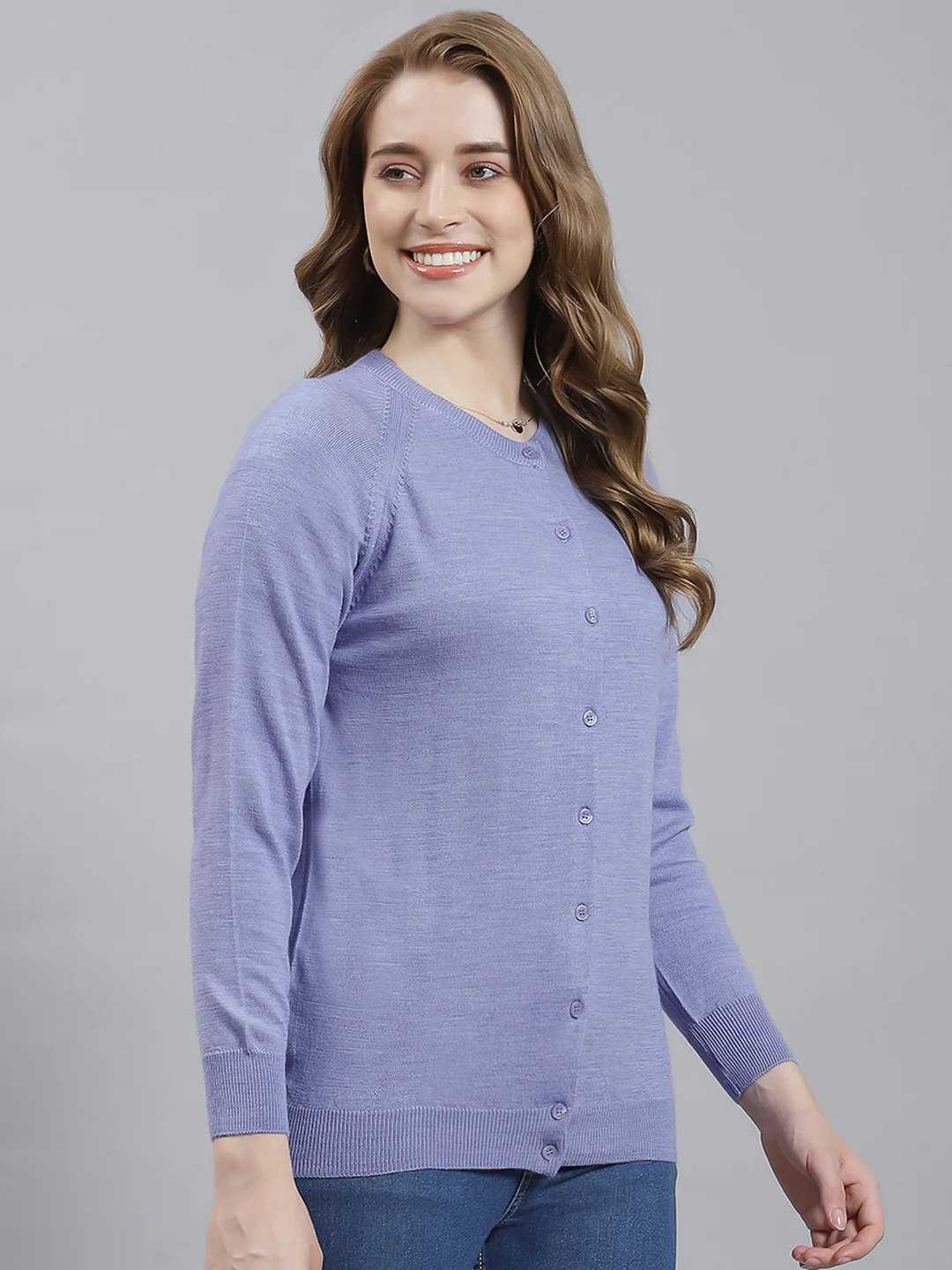 Women Purple Solid Round Neck Full Sleeve Cardigan - Image 4