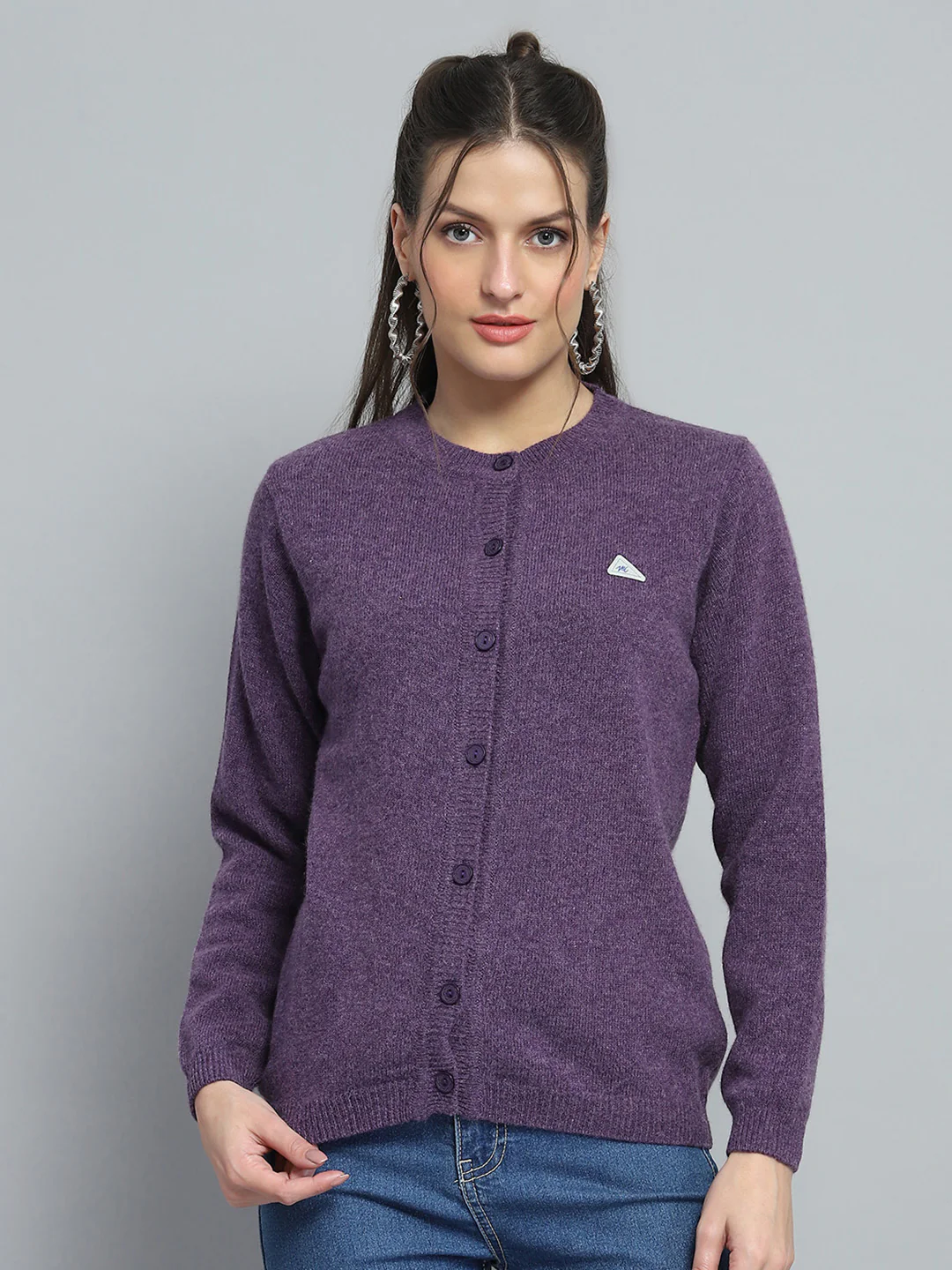 Women Purple Solid Round Neck Full Sleeve Cardigan