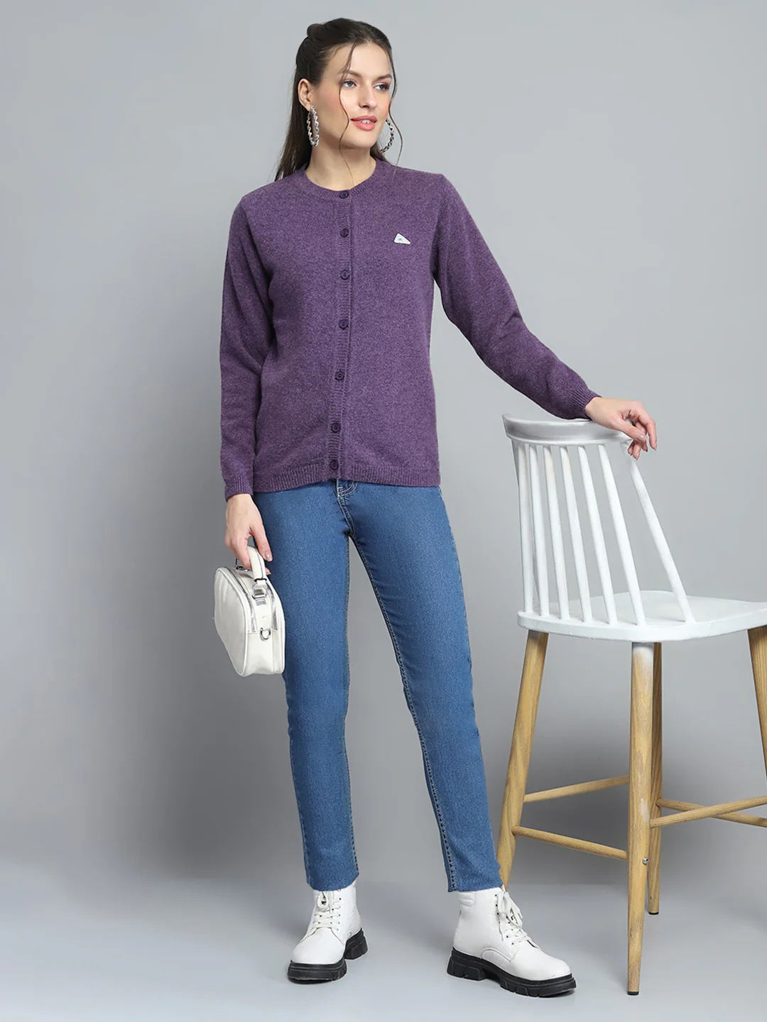 Women Purple Solid Round Neck Full Sleeve Cardigan - Image 2