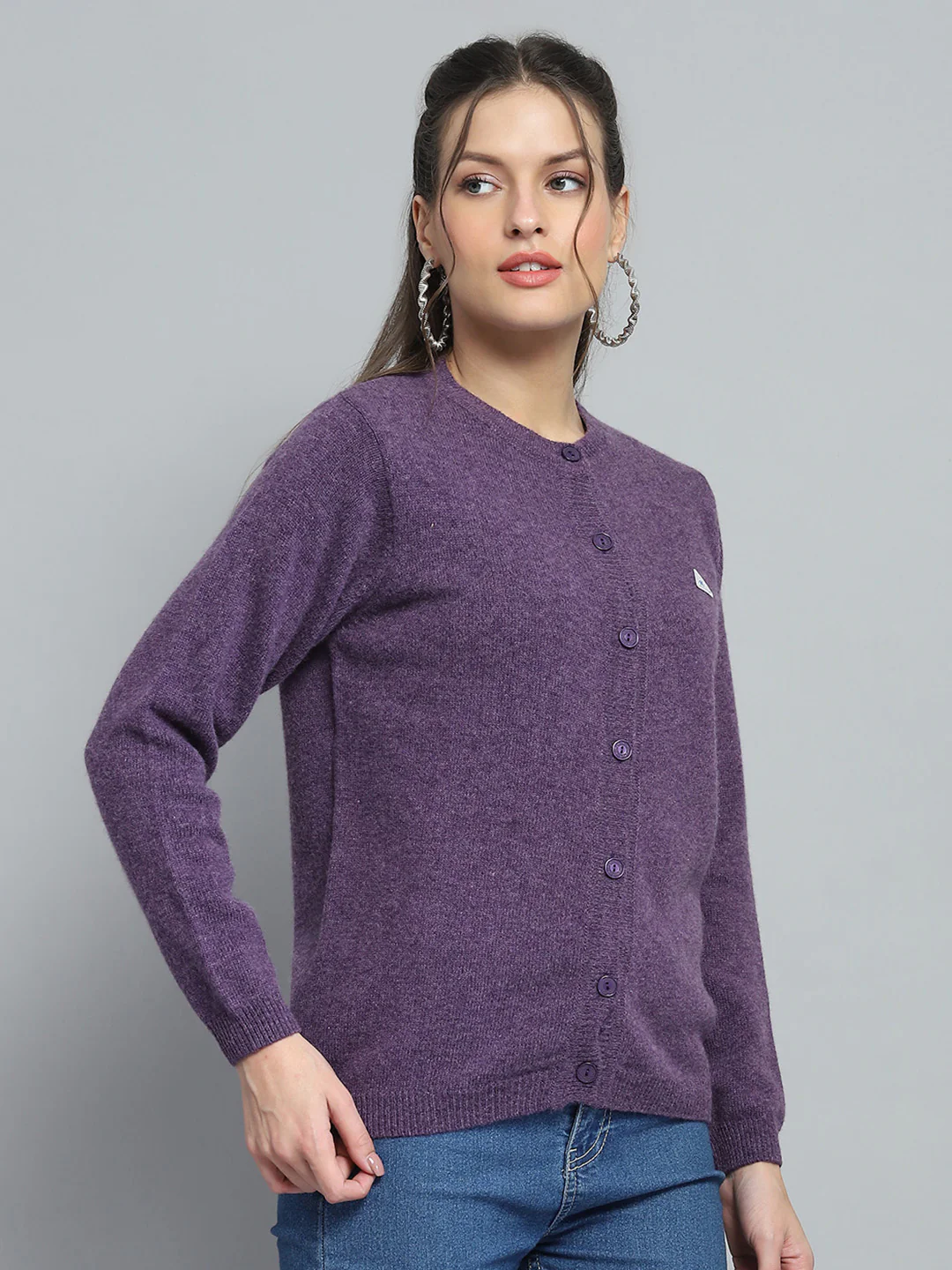 Women Purple Solid Round Neck Full Sleeve Cardigan - Image 4