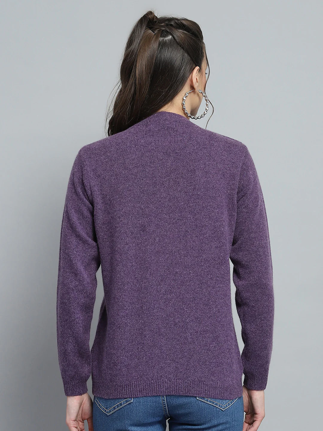 Women Purple Solid Round Neck Full Sleeve Cardigan - Image 5