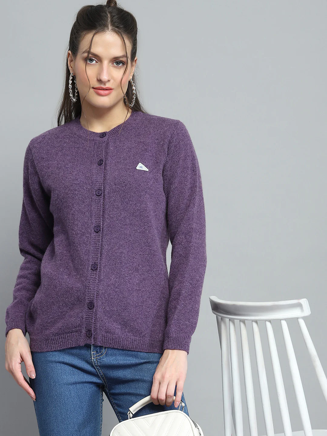 Women Purple Solid Round Neck Full Sleeve Cardigan - Image 6