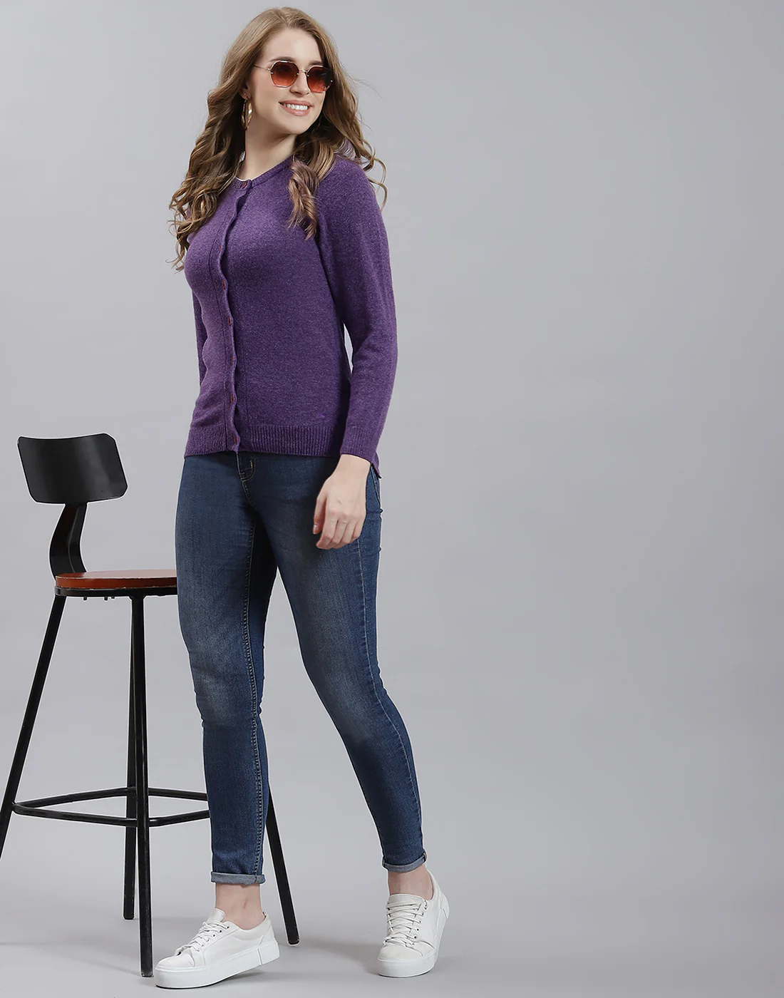 Women Purple Solid Round Neck Full Sleeve Cardigan - Image 2
