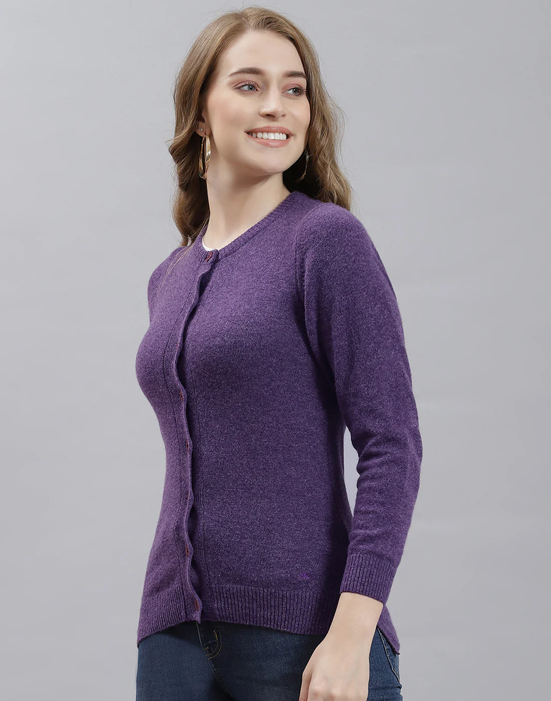 Women Purple Solid Round Neck Full Sleeve Cardigan - Image 3