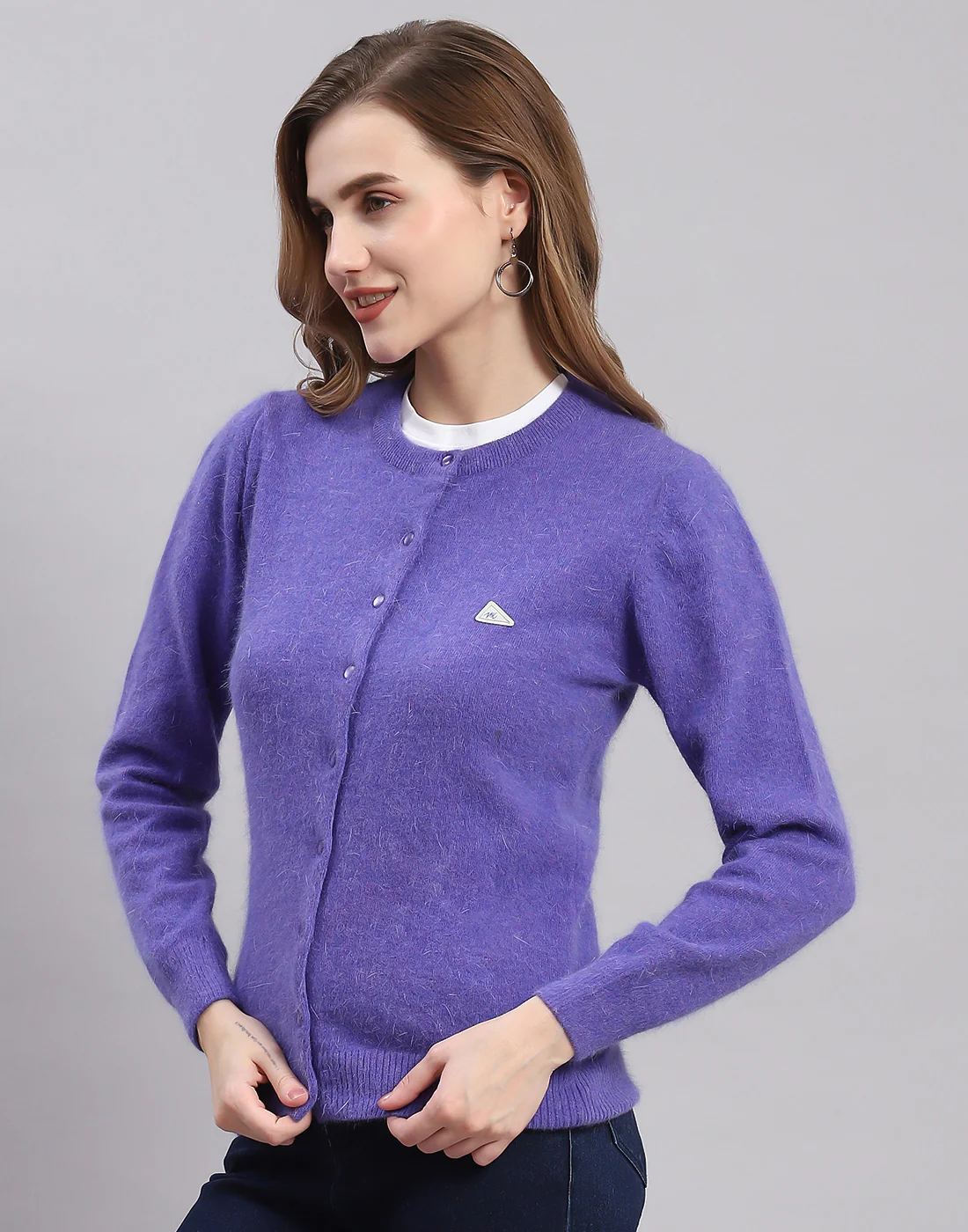 Women Purple Solid Round Neck Full Sleeve Cardigan - Image 4
