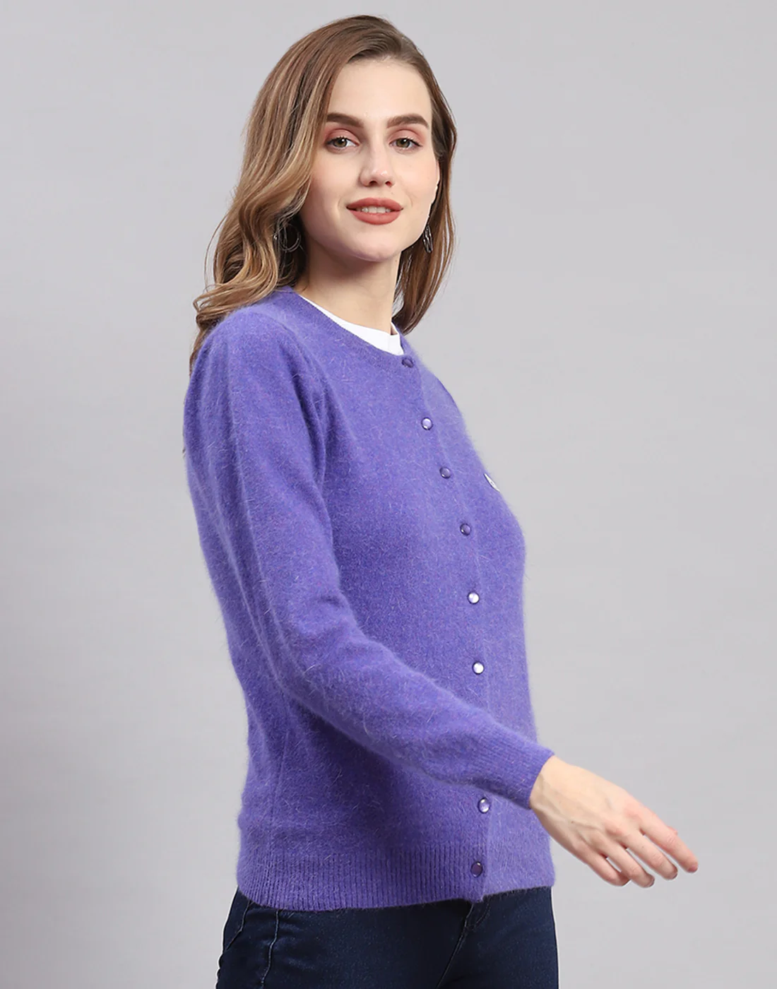 Women Purple Solid Round Neck Full Sleeve Cardigan - Image 5