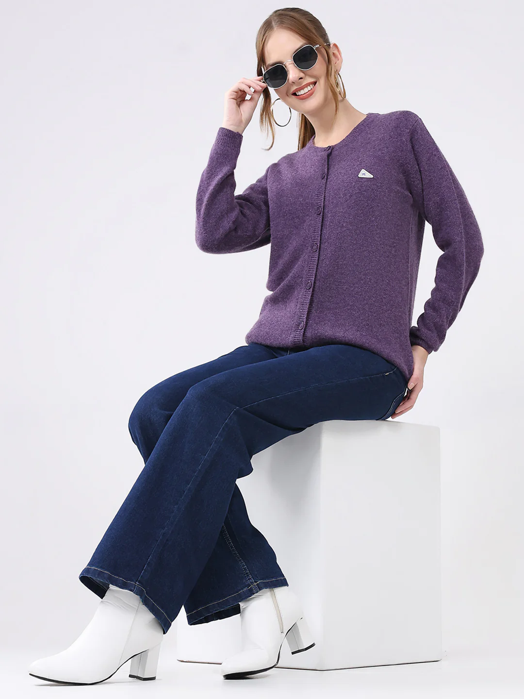 Women Purple Solid Round Neck Full Sleeve Cardigan - Image 2