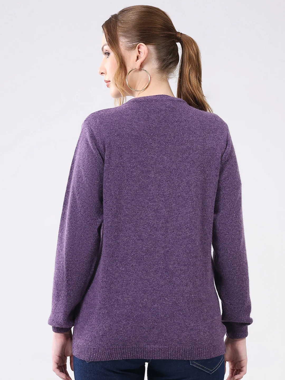 Women Purple Solid Round Neck Full Sleeve Cardigan - Image 5