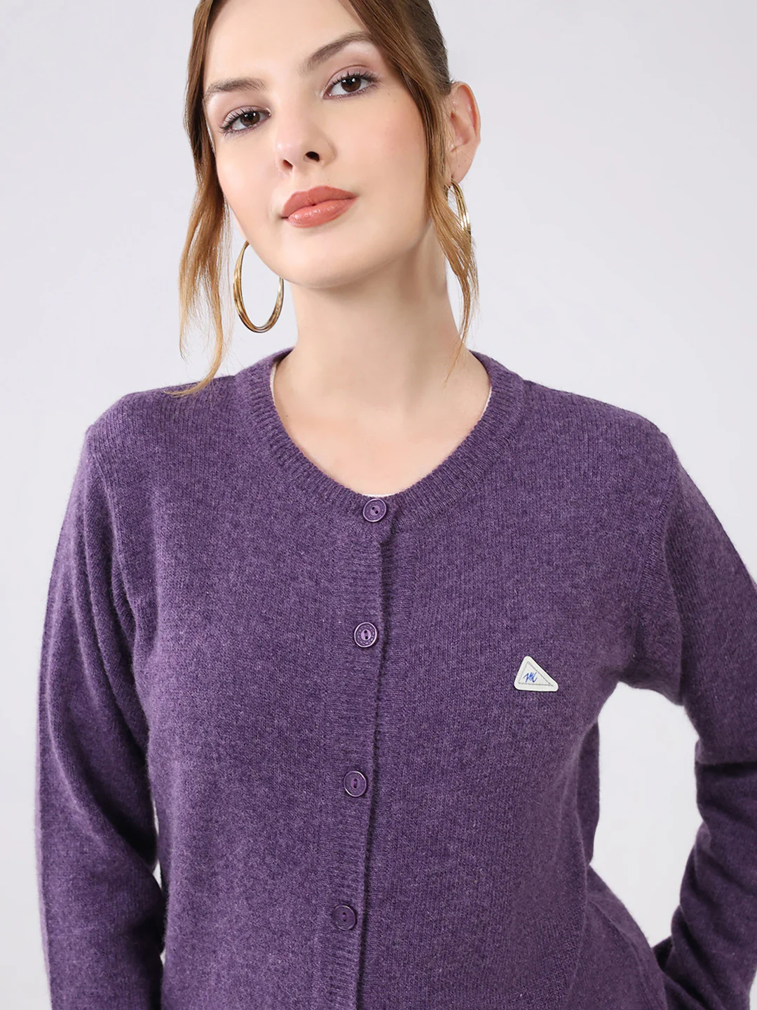 Women Purple Solid Round Neck Full Sleeve Cardigan - Image 6
