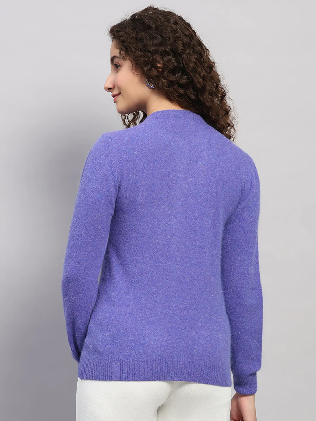 Women Purple Solid Round Neck Full Sleeve Cardigan - Image 5