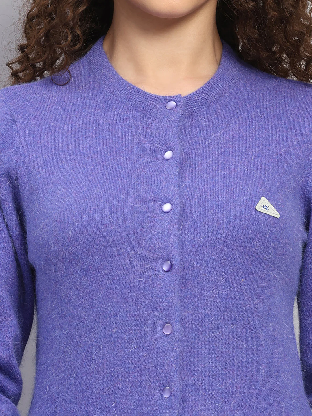 Women Purple Solid Round Neck Full Sleeve Cardigan - Image 6