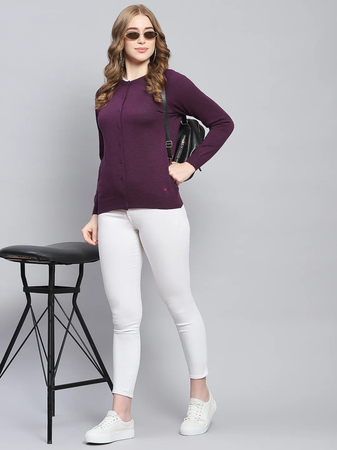 Women Purple Solid Round Neck Full Sleeve Cardigans - Image 2