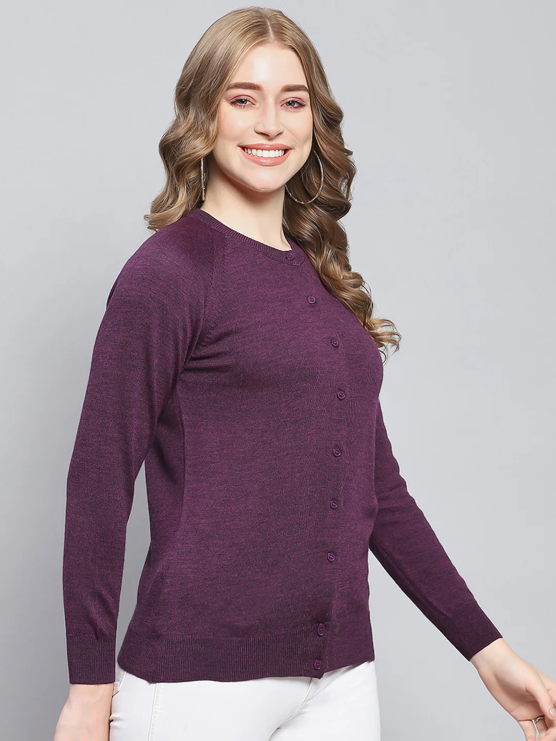 Women Purple Solid Round Neck Full Sleeve Cardigans - Image 4