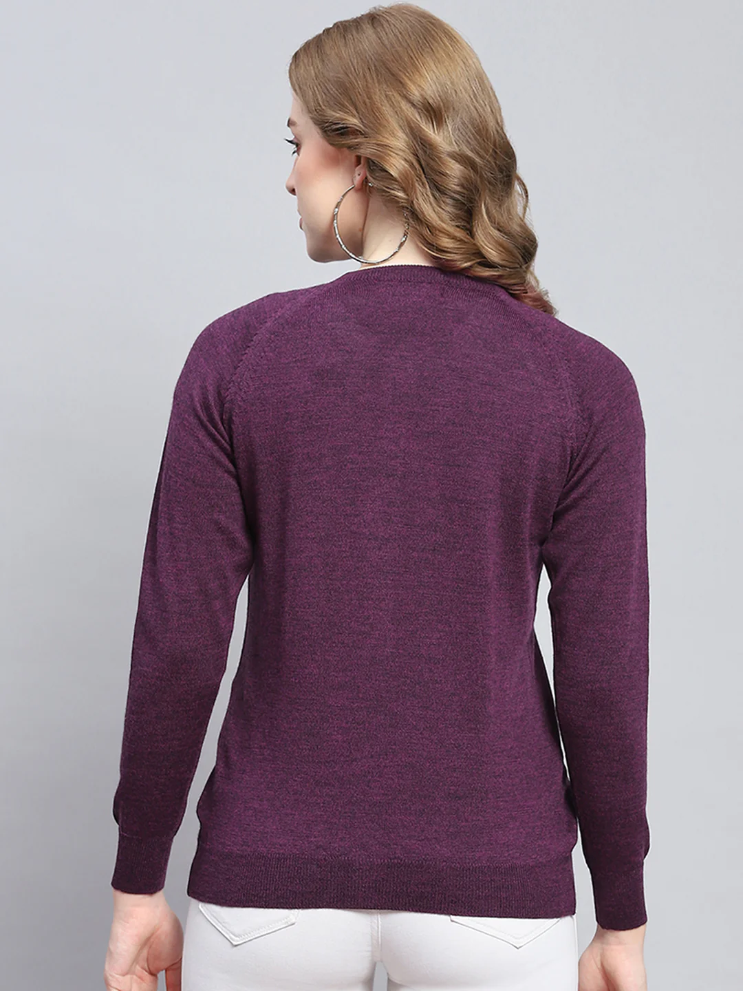 Women Purple Solid Round Neck Full Sleeve Cardigans - Image 5