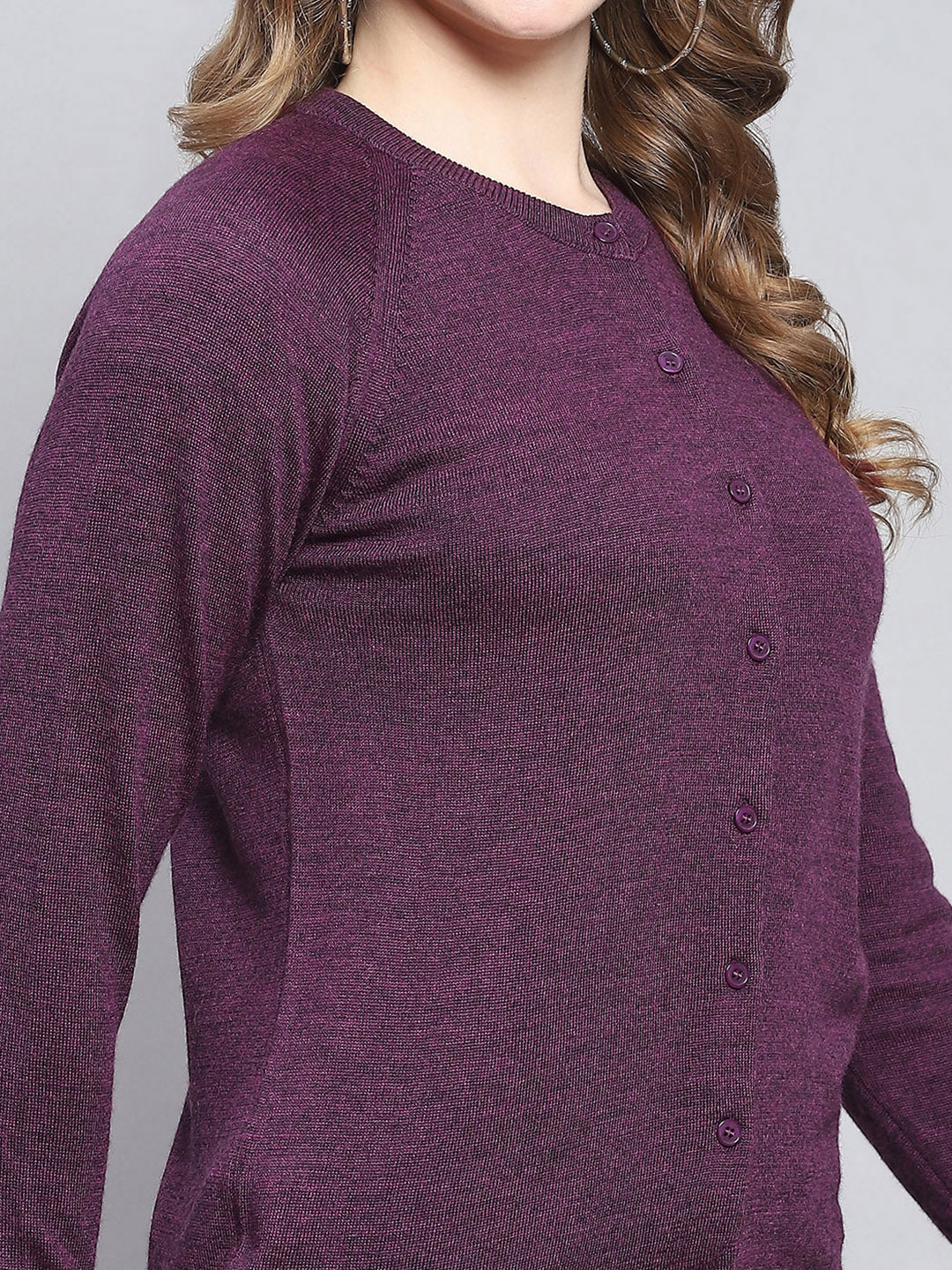 Women Purple Solid Round Neck Full Sleeve Cardigans - Image 6