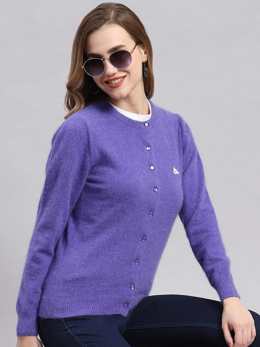 Women Purple Solid Round Neck Full Sleeve Cardigans - Image 2