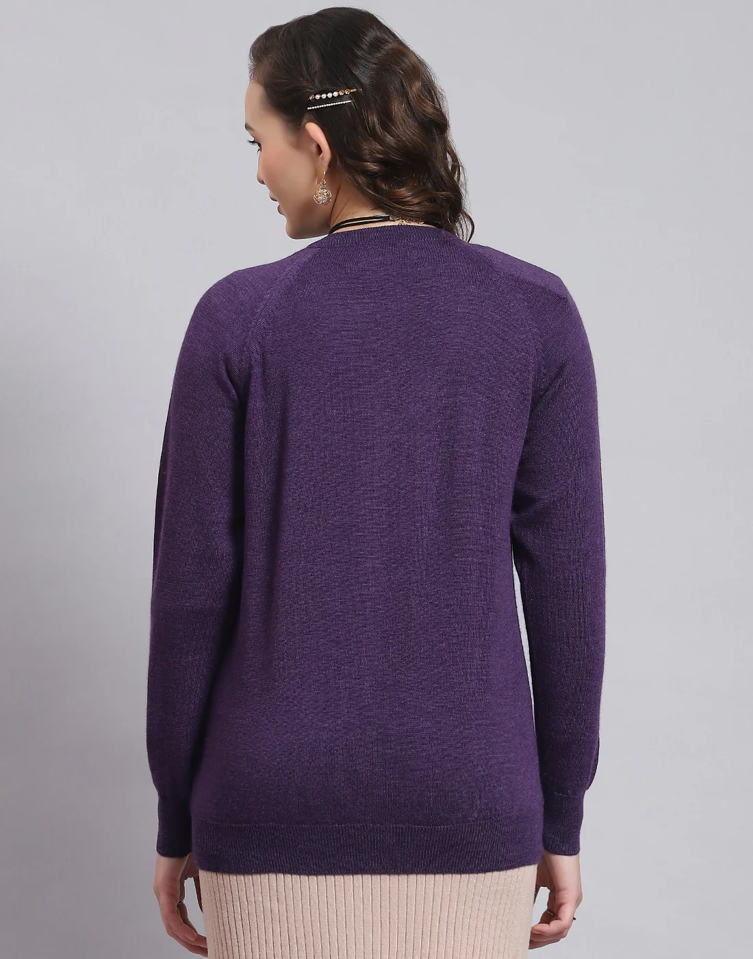 Women Purple Solid Round Neck Full Sleeve Sweater - Image 5