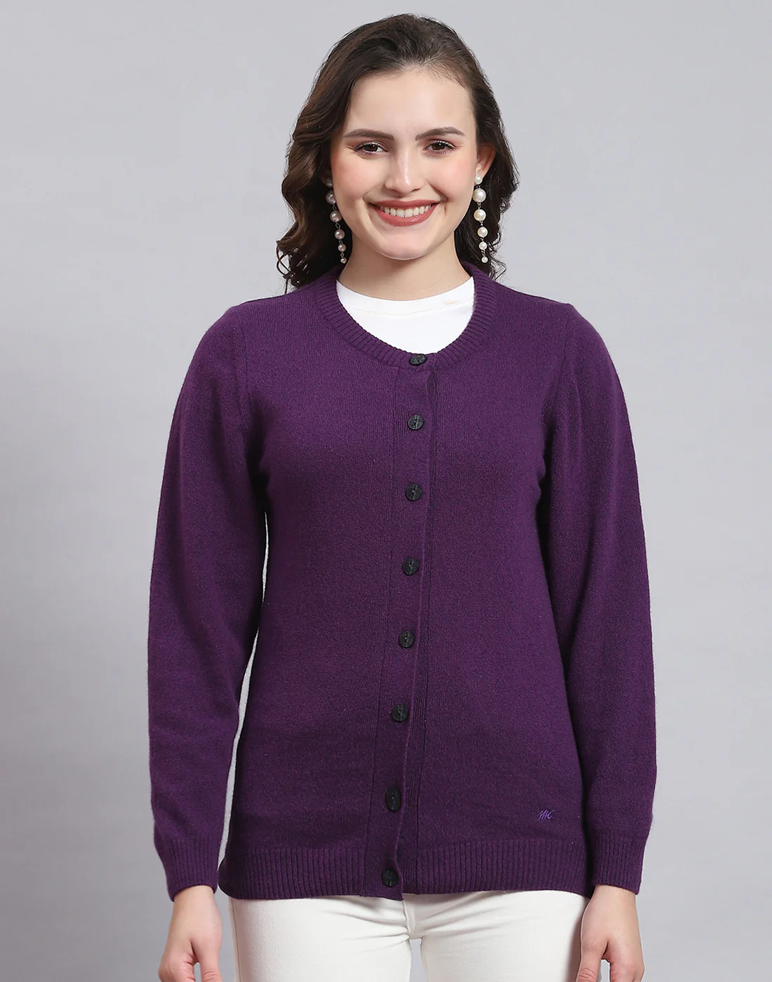 Women Purple Solid Round Neck Full Sleeve Sweater - Image 3