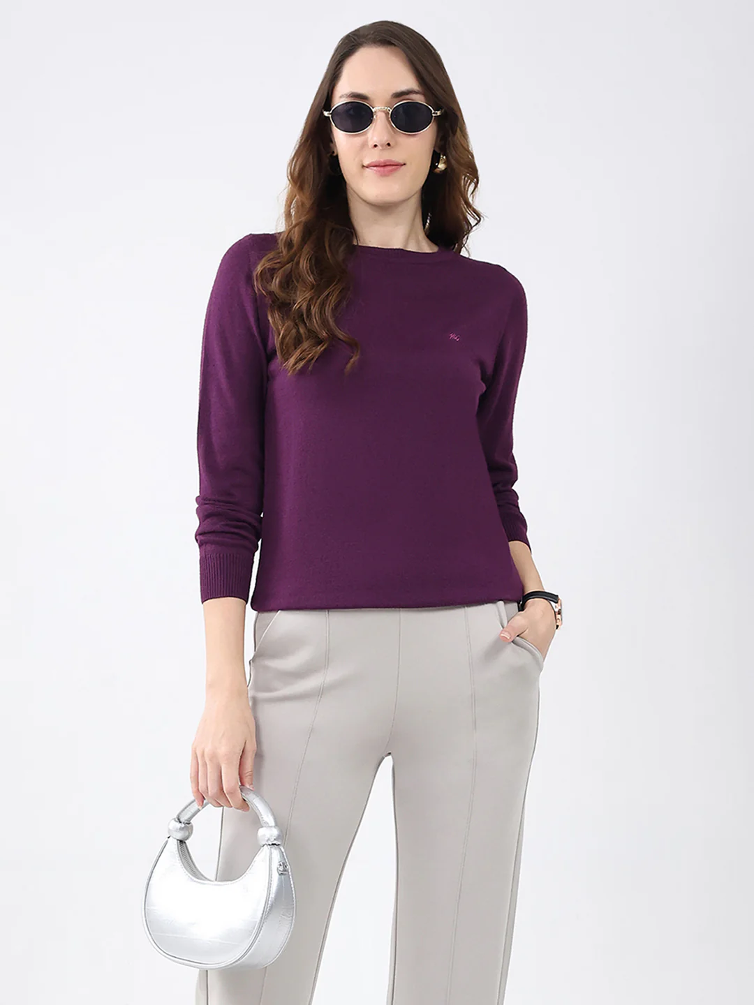 Women Purple Solid Round Neck Full Sleeve Winter Top - Image 6