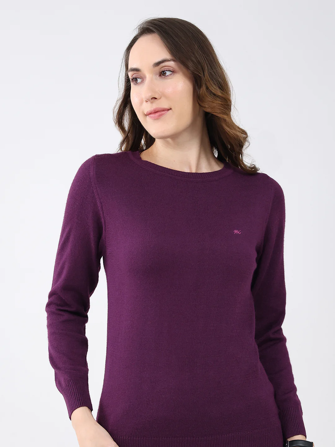 Women Purple Solid Round Neck Full Sleeve Winter Top - Image 7