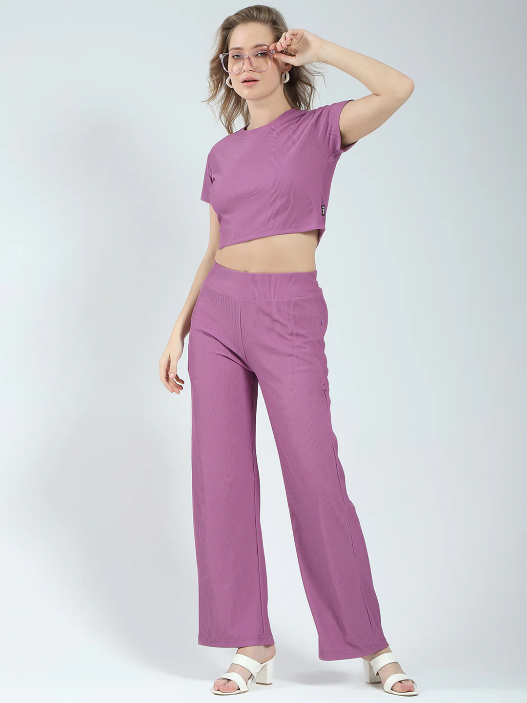 Rock.it Women Purple Solid Round Neck Half Sleeve Cords Set - Image 2