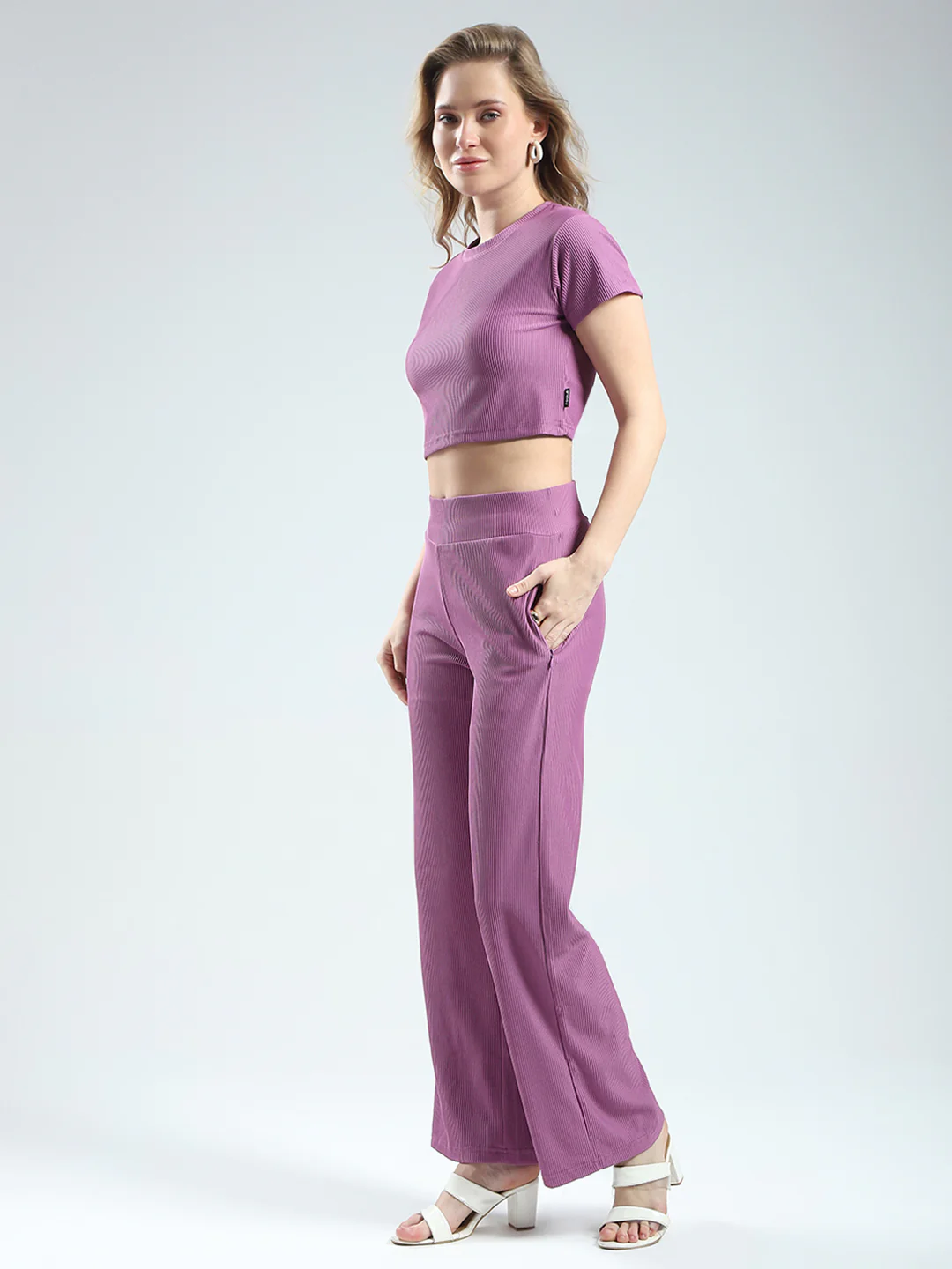 Rock.it Women Purple Solid Round Neck Half Sleeve Cords Set - Image 4