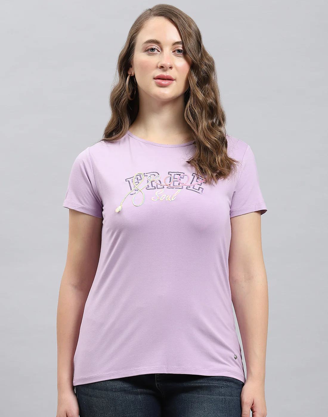 Women Purple Solid Round Neck Half Sleeve Top - Image 2
