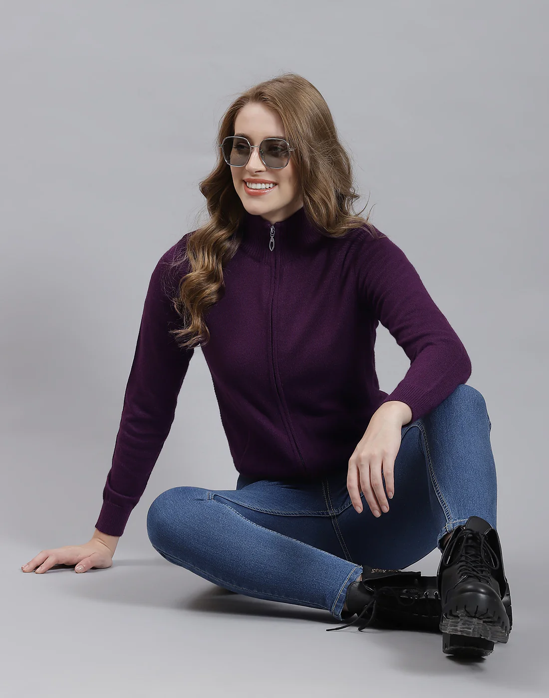 Women Purple Solid Stand Collar Full Sleeve Cardigan - Image 2