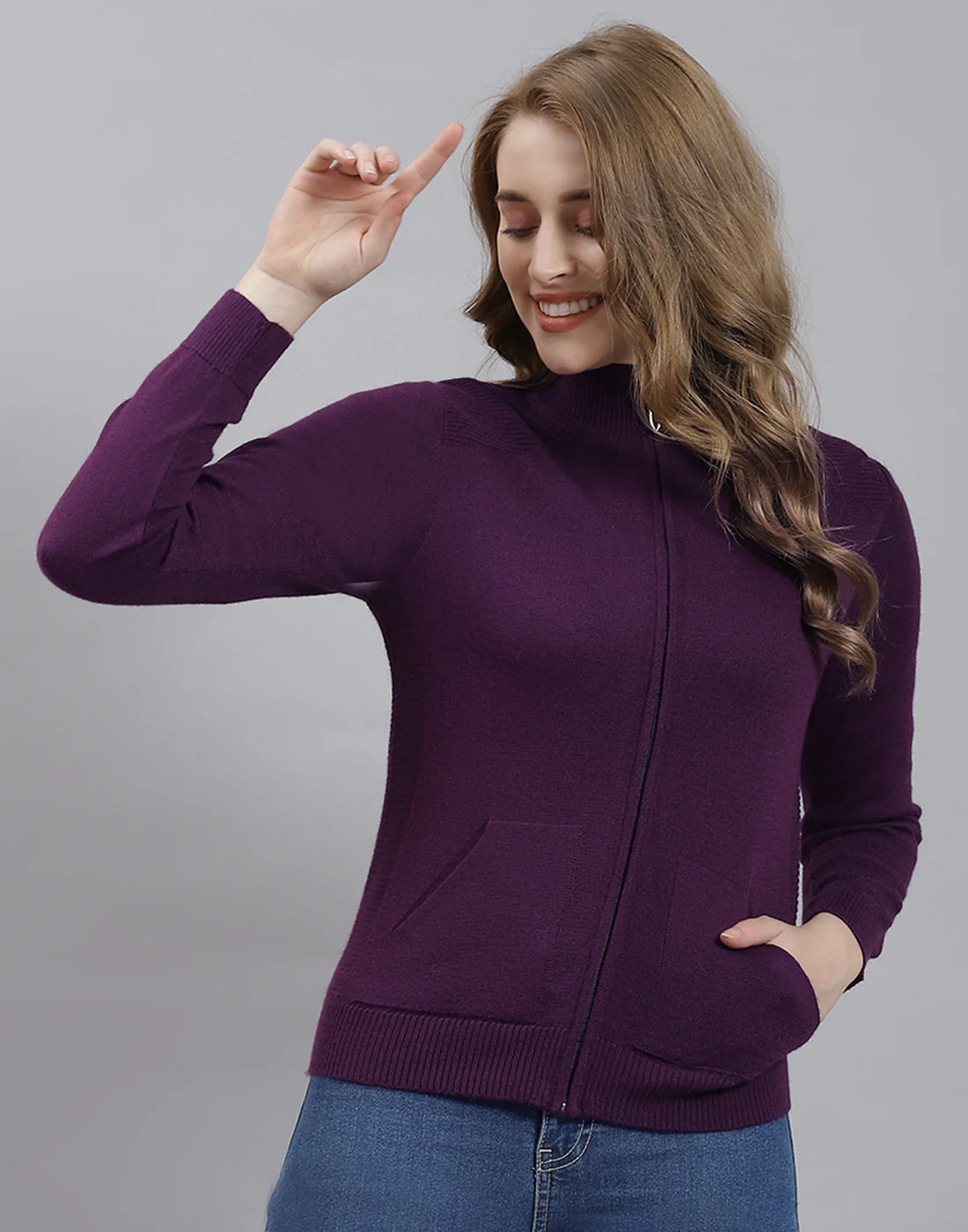 Women Purple Solid Stand Collar Full Sleeve Cardigan - Image 3
