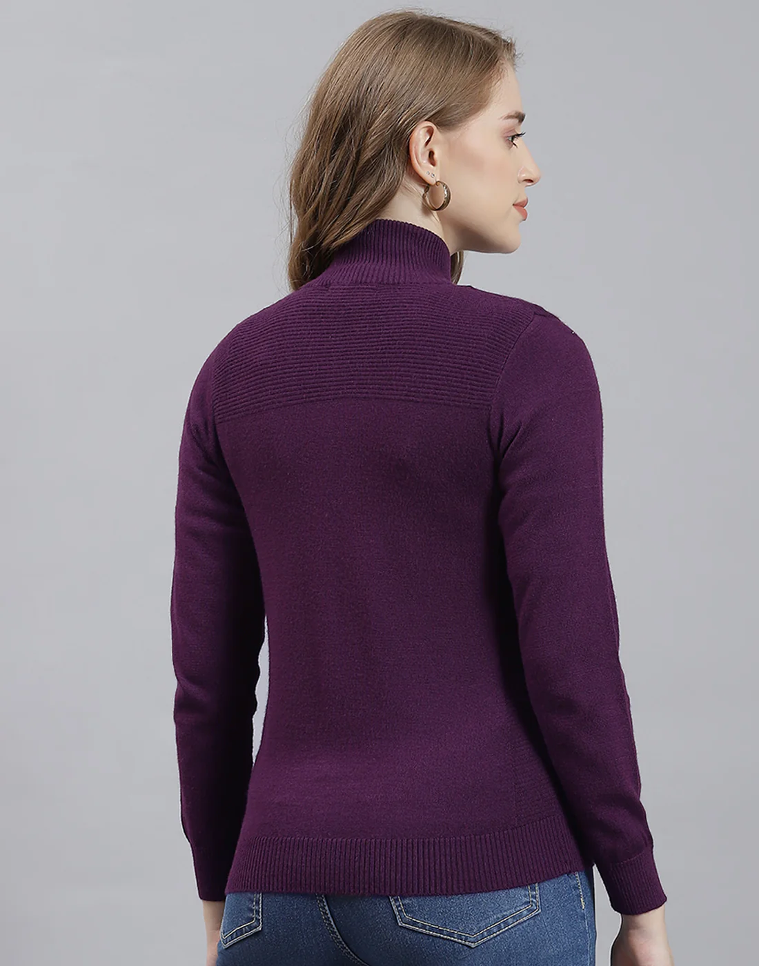 Women Purple Solid Stand Collar Full Sleeve Cardigan - Image 5