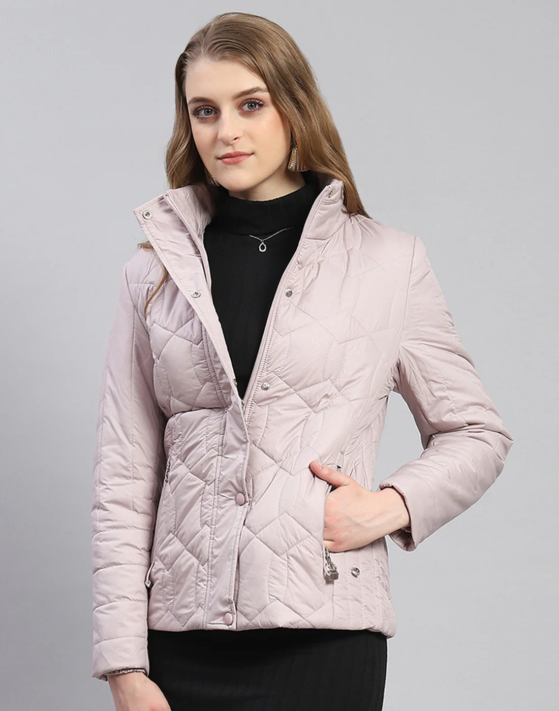 Women Purple Solid Stand Collar Full Sleeve Jacket - Image 3