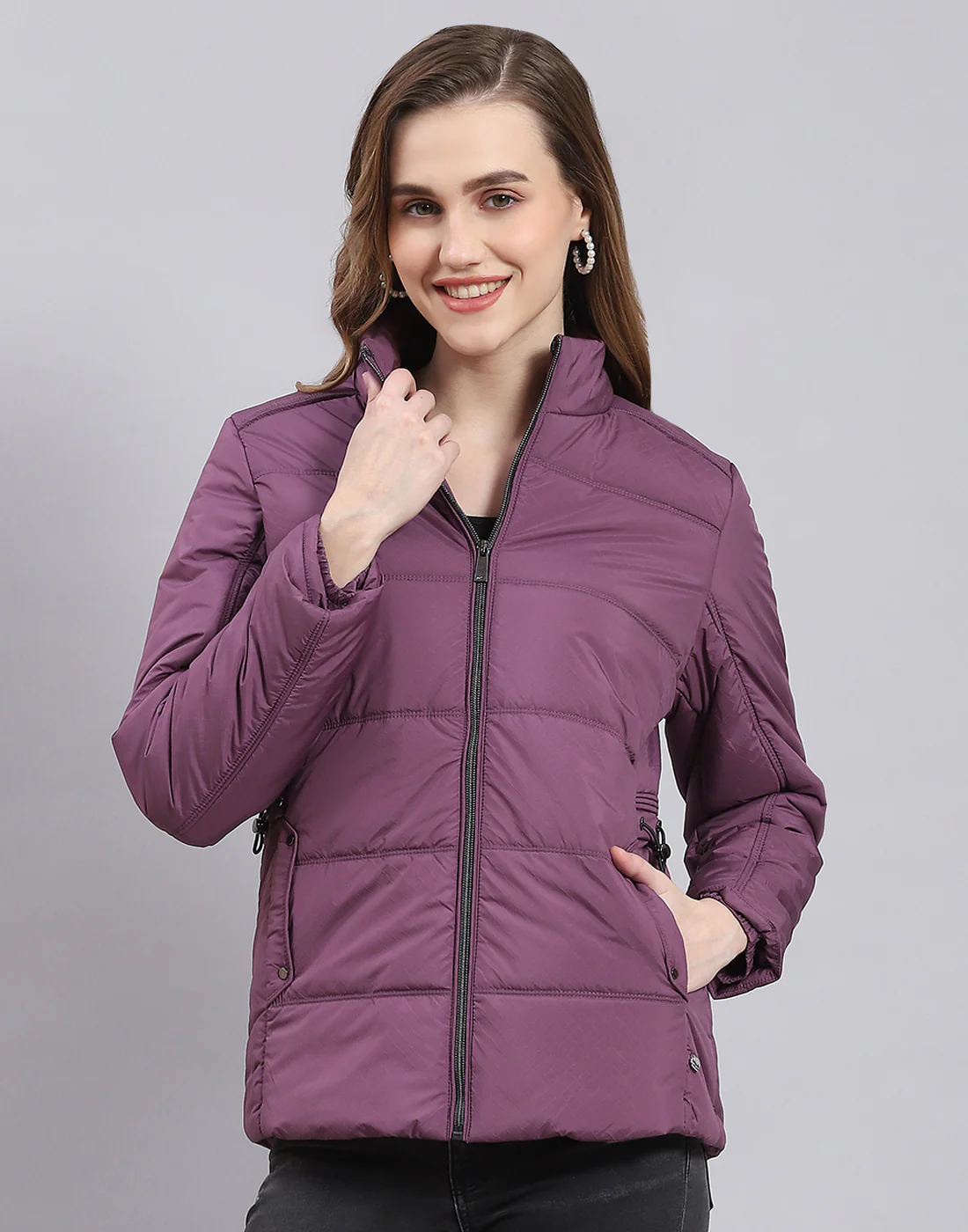 Women Purple Solid Stand Collar Full Sleeve Jacket - Image 2