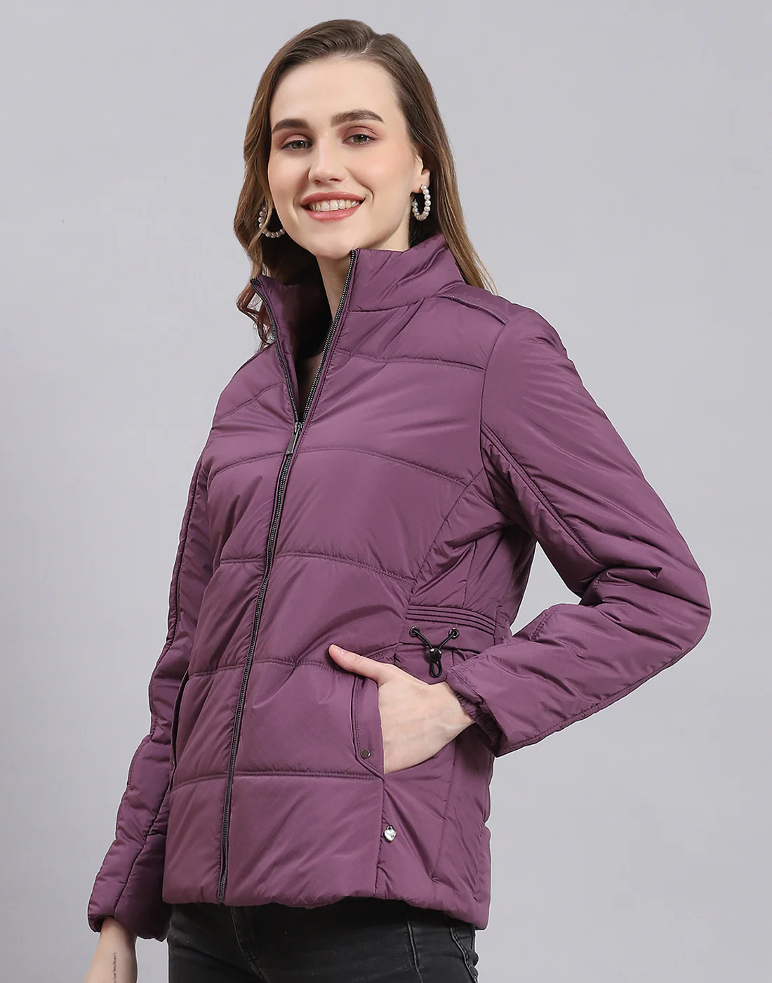 Women Purple Solid Stand Collar Full Sleeve Jacket - Image 3