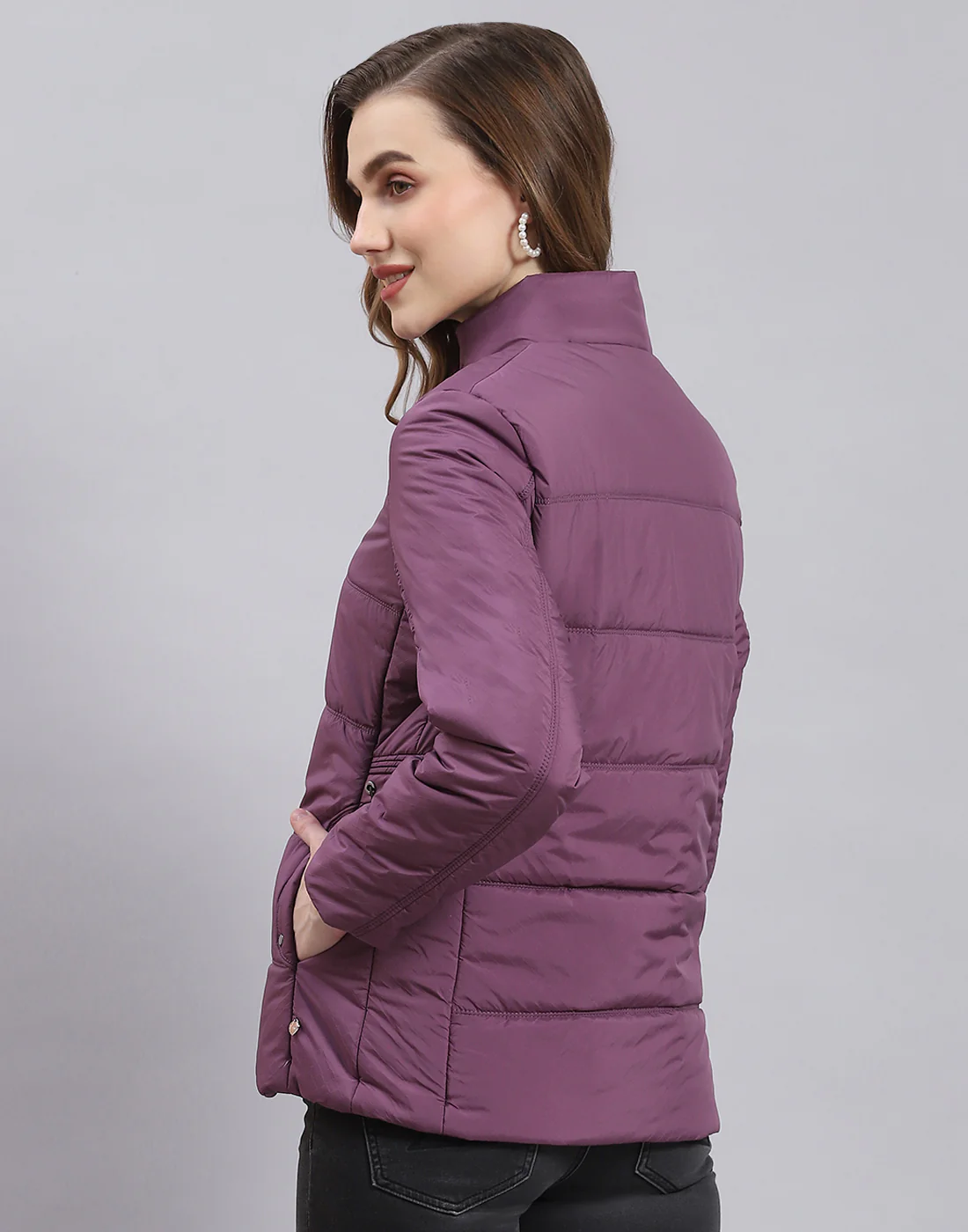 Women Purple Solid Stand Collar Full Sleeve Jacket - Image 5