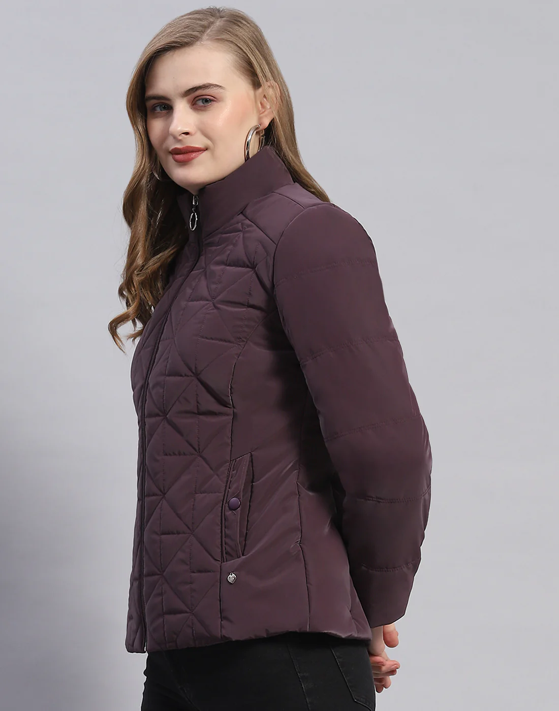 Women Purple Solid Stand Collar Full Sleeve Jacket - Image 3