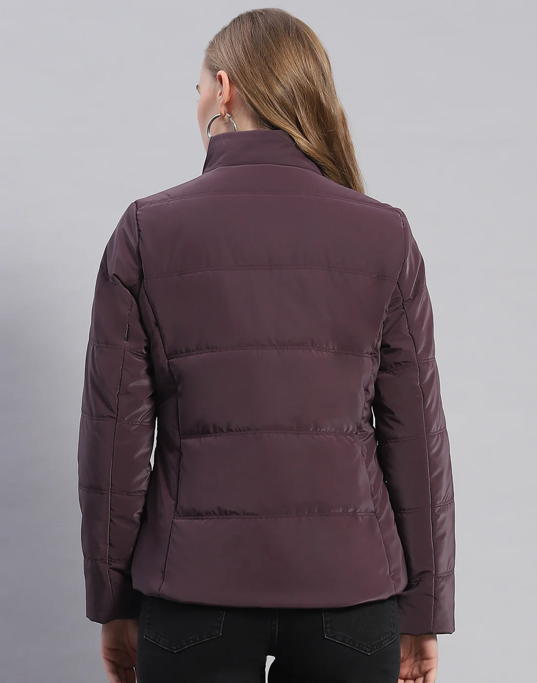 Women Purple Solid Stand Collar Full Sleeve Jacket - Image 5
