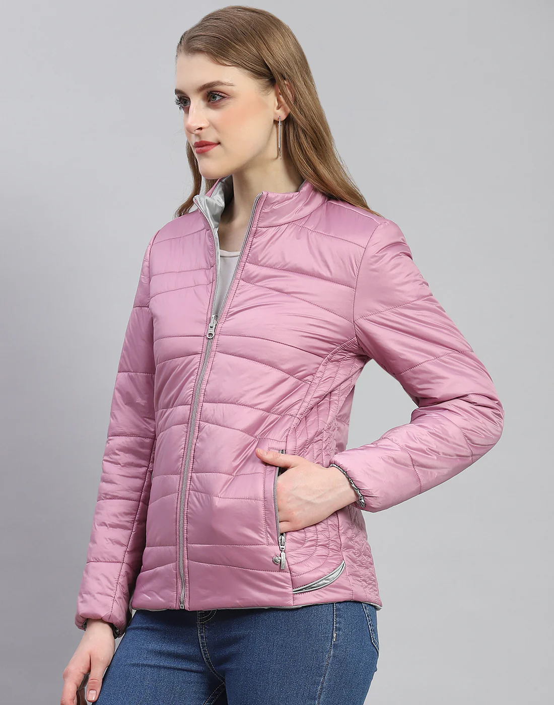 Women Purple Solid Stand Collar Full Sleeve Jacket - Image 4