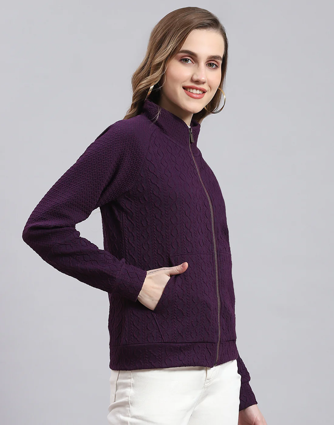 Women Purple Solid Stand Collar Full Sleeve Sweatshirt - Image 4