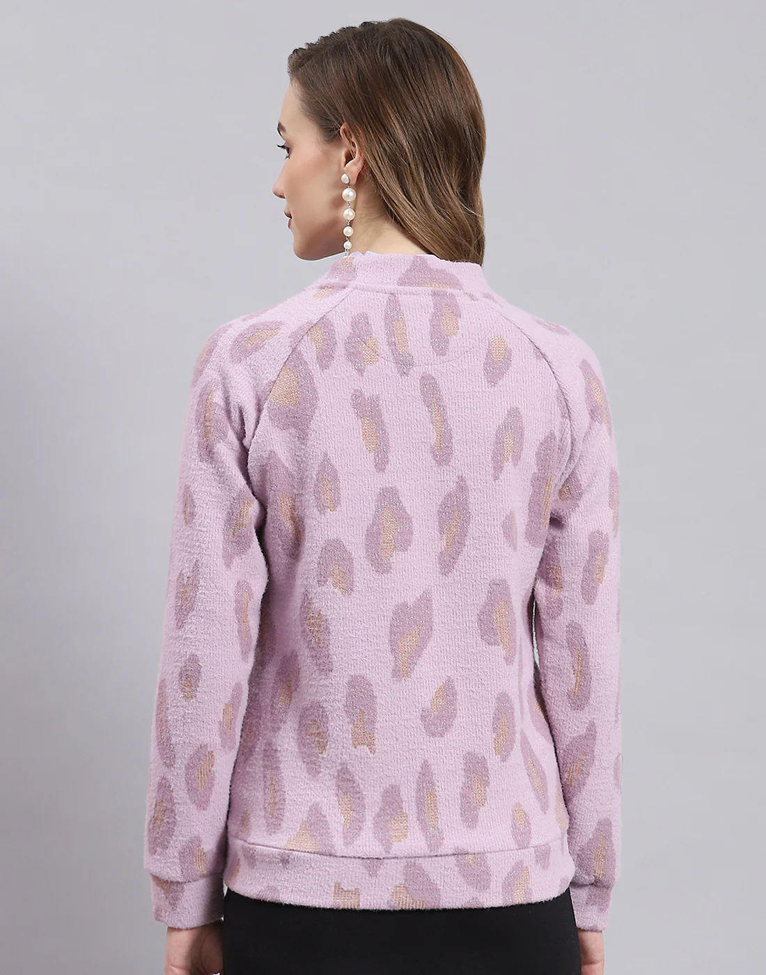Women Purple Solid Stand Collar Full Sleeve Sweatshirt - Image 5