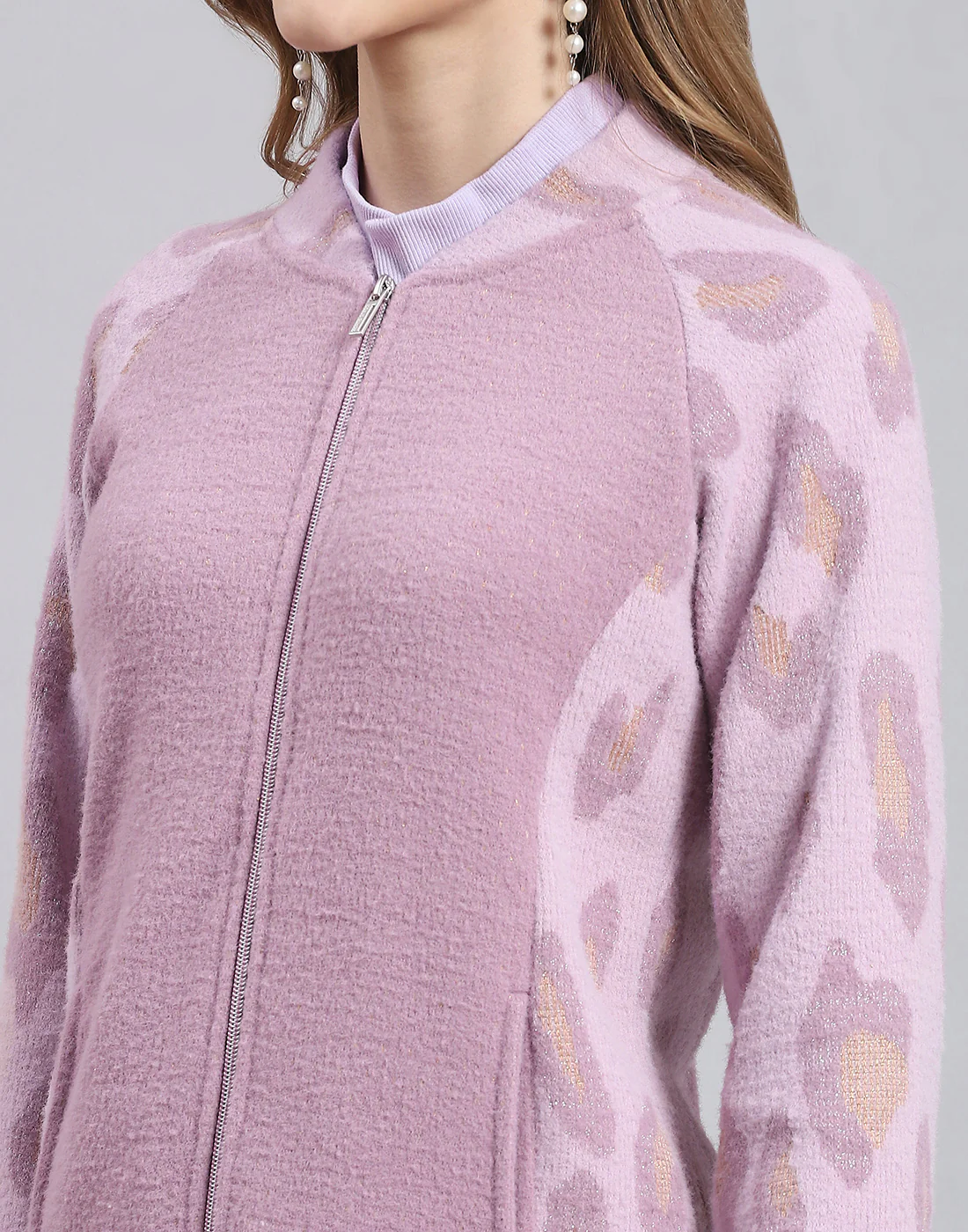 Women Purple Solid Stand Collar Full Sleeve Sweatshirt - Image 6