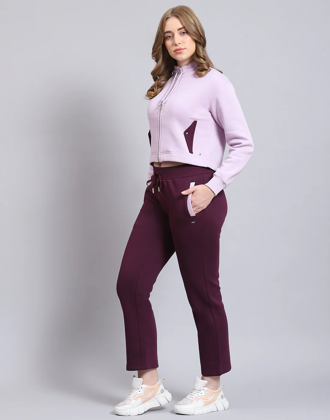 Women Purple Solid Stand Collar Full Sleeve Tracksuit - Image 3