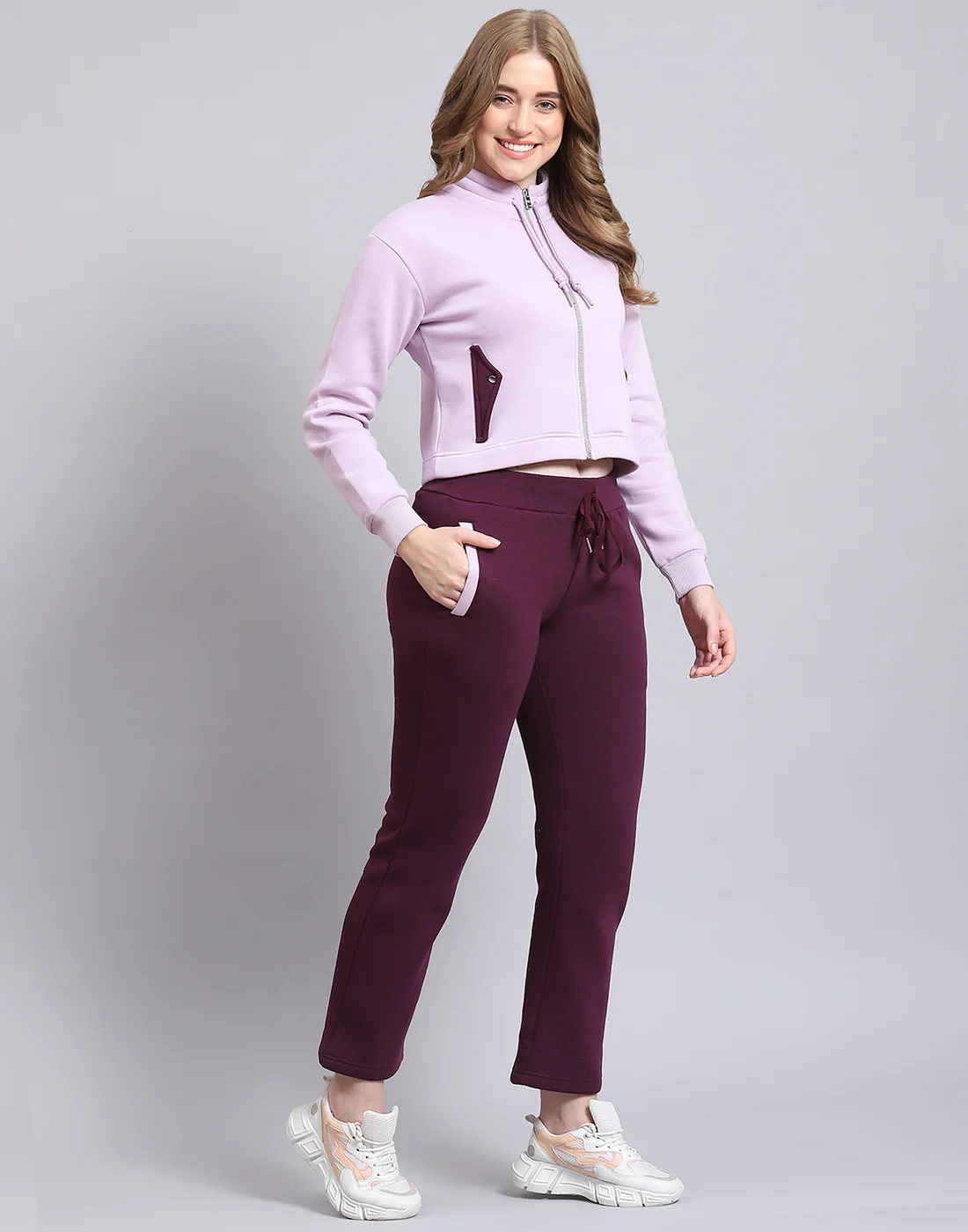 Women Purple Solid Stand Collar Full Sleeve Tracksuit - Image 4