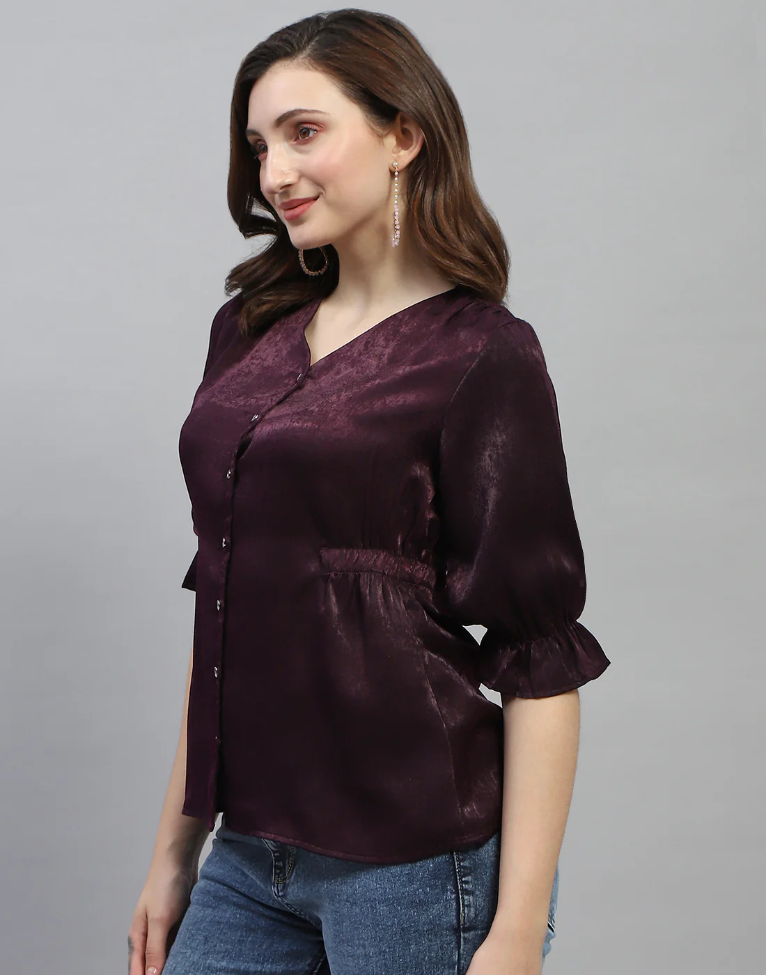 Women Purple Solid V Neck 3/4 Sleeve Top - Image 3