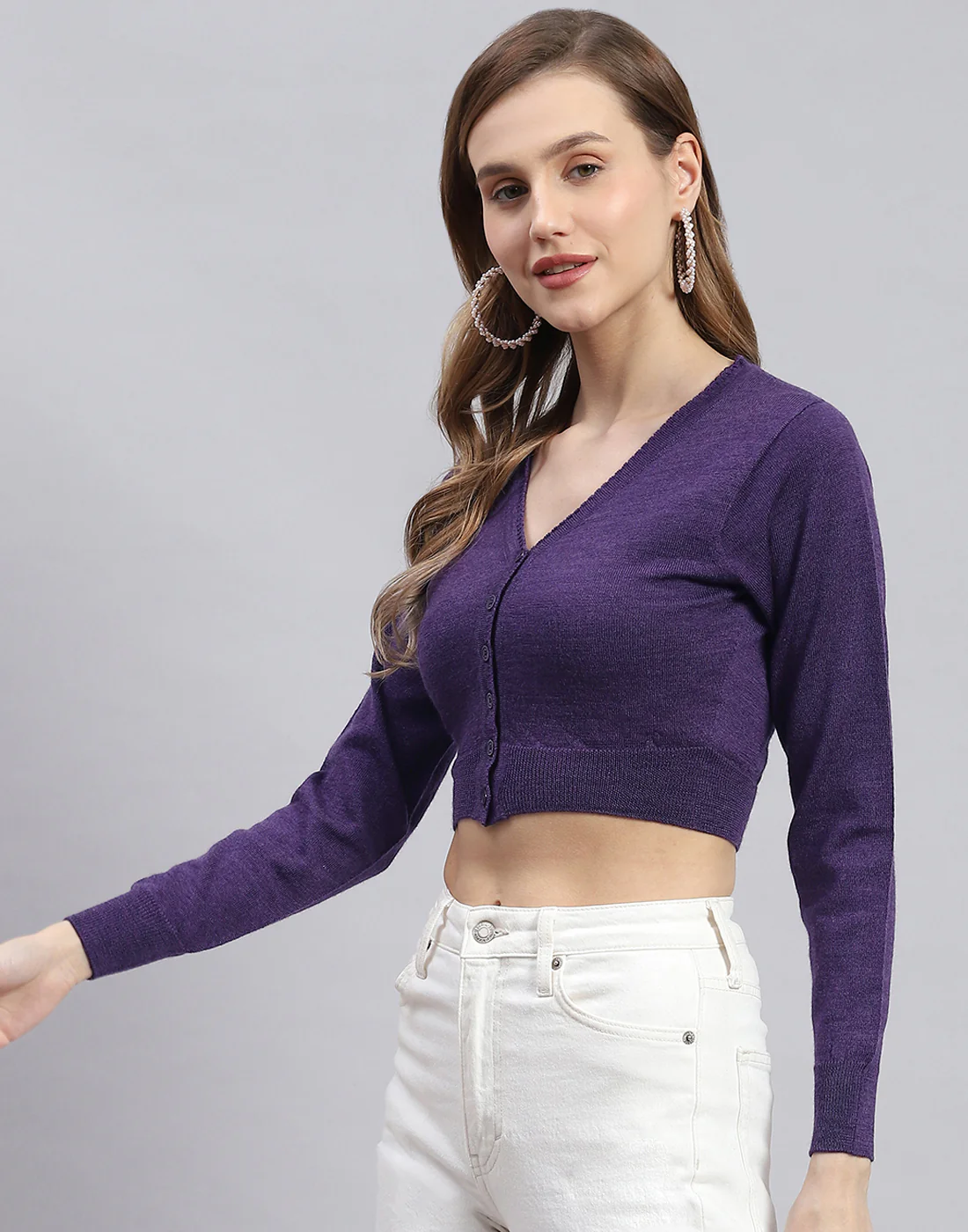 Women Purple Solid V Neck Full Sleeve Blouse - Image 3